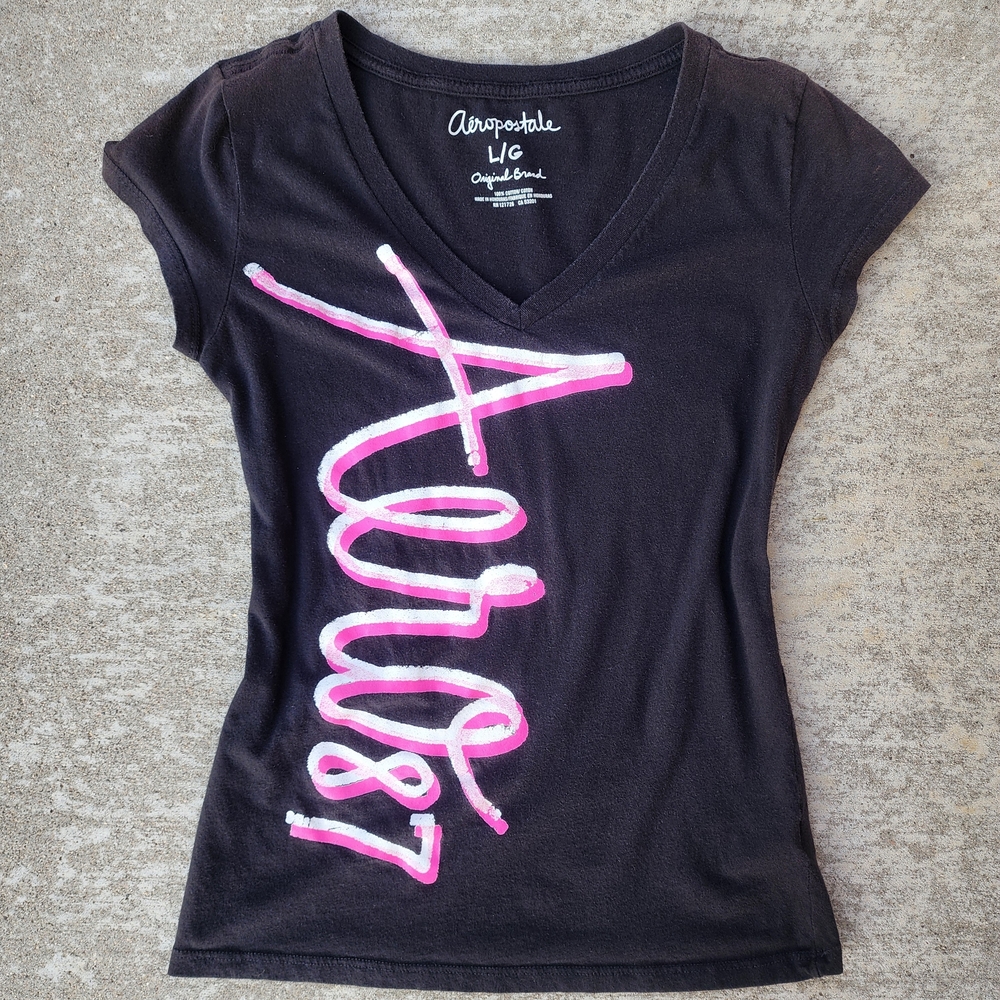 Y2K Aeropostale Black Grunge Tee with Pink White Logo Script, Shirt Sz L
